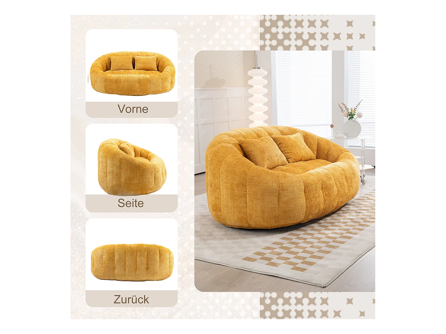 Canapé pouf 2 places jaune en chenille – avec deux coussins confortables - fauteuil pouf haut dossier – ultra durable et confortable