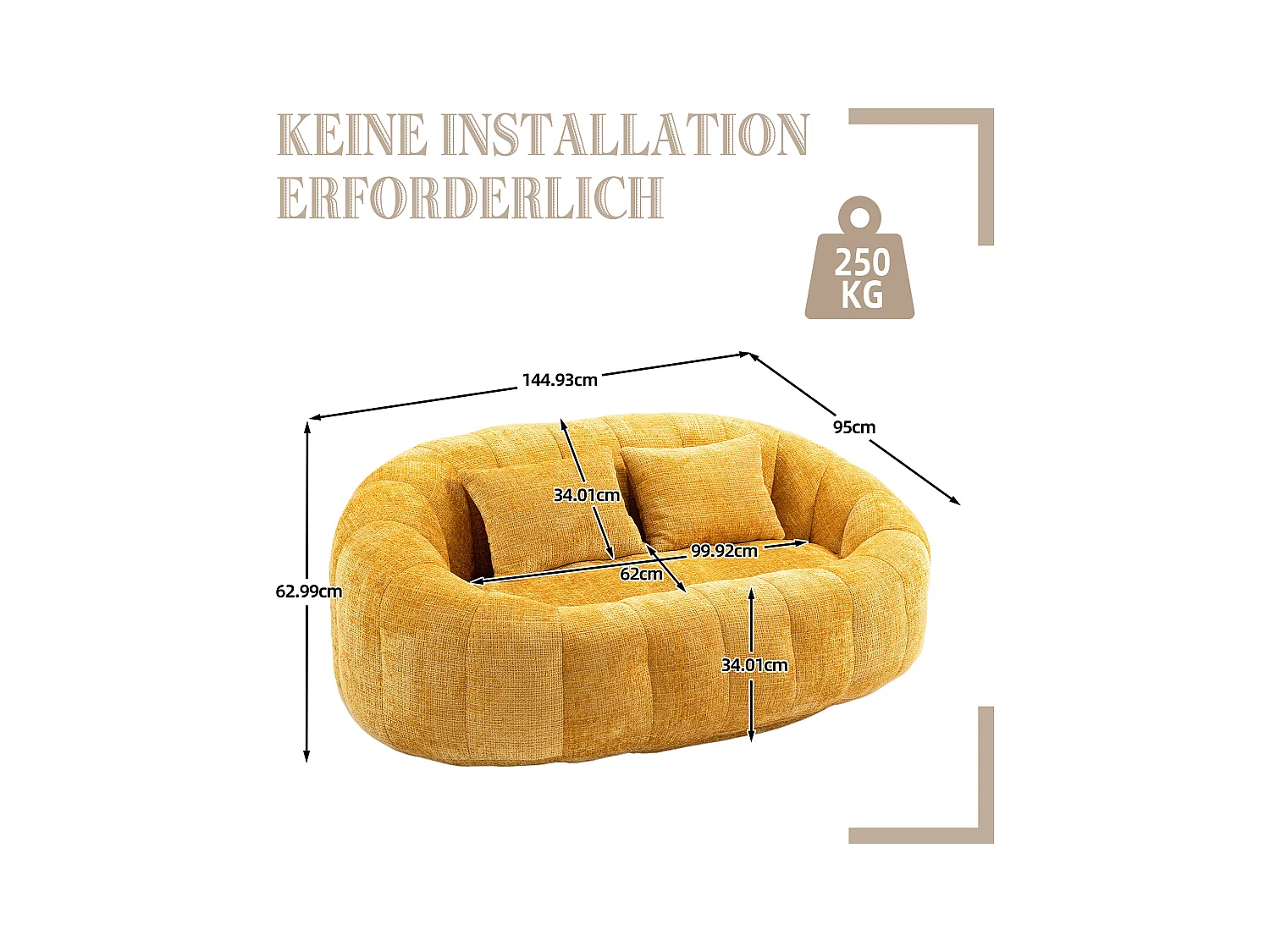 Canapé pouf 2 places jaune en chenille – avec deux coussins confortables - fauteuil pouf haut dossier – ultra durable et confortable