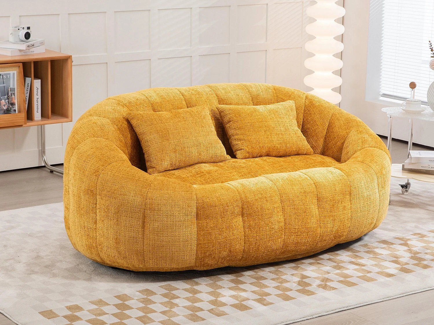 Canapé pouf 2 places jaune en chenille – avec deux coussins confortables - fauteuil pouf haut dossier – ultra durable et confortable