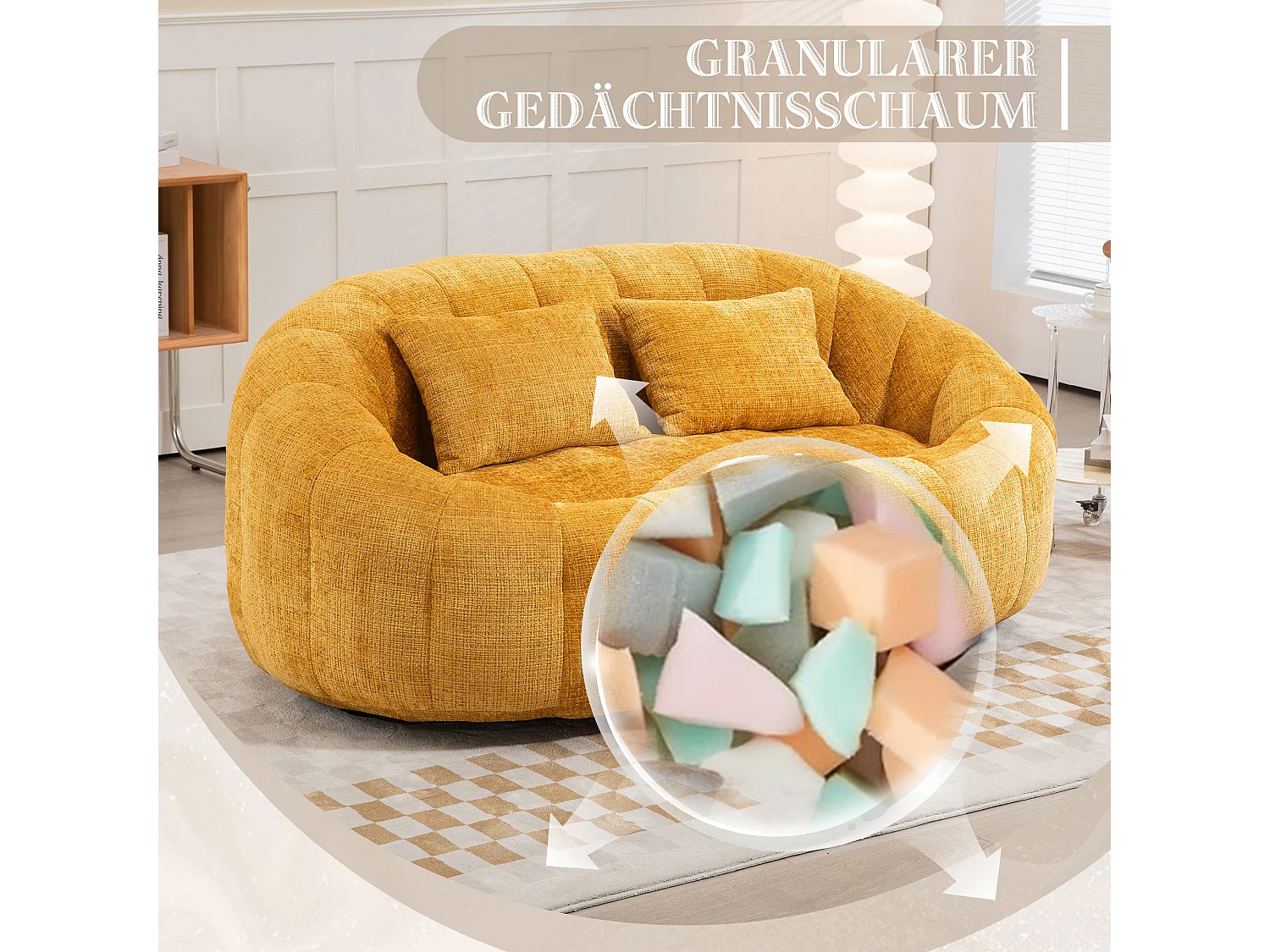 Canapé pouf 2 places jaune en chenille – avec deux coussins confortables - fauteuil pouf haut dossier – ultra durable et confortable
