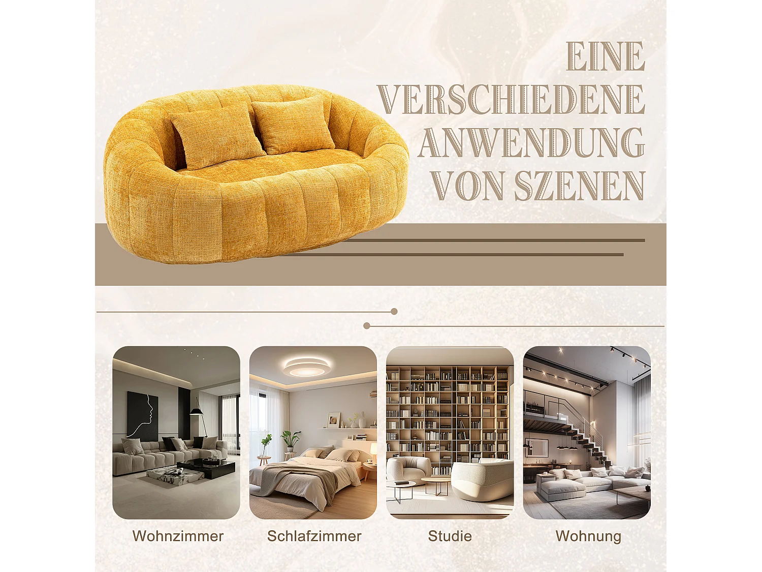 Canapé pouf 2 places jaune en chenille – avec deux coussins confortables - fauteuil pouf haut dossier – ultra durable et confortable