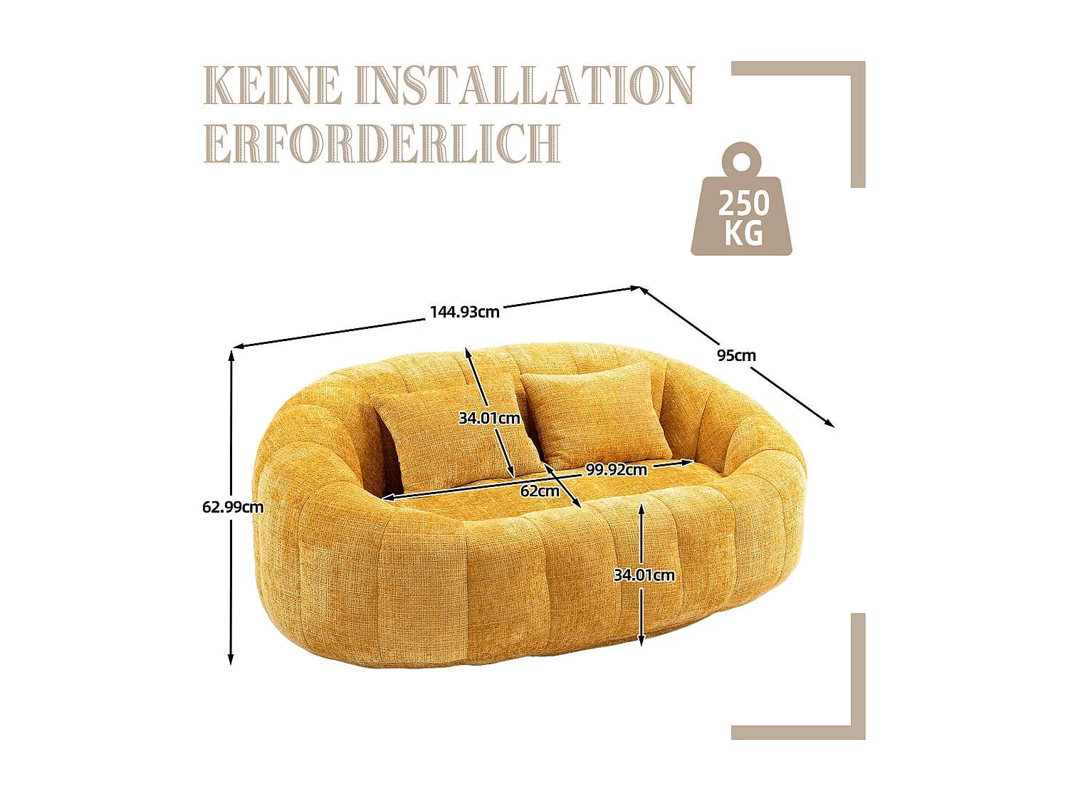Canapé pouf 2 places jaune en chenille – avec deux coussins confortables - fauteuil pouf haut dossier – ultra durable et confortable