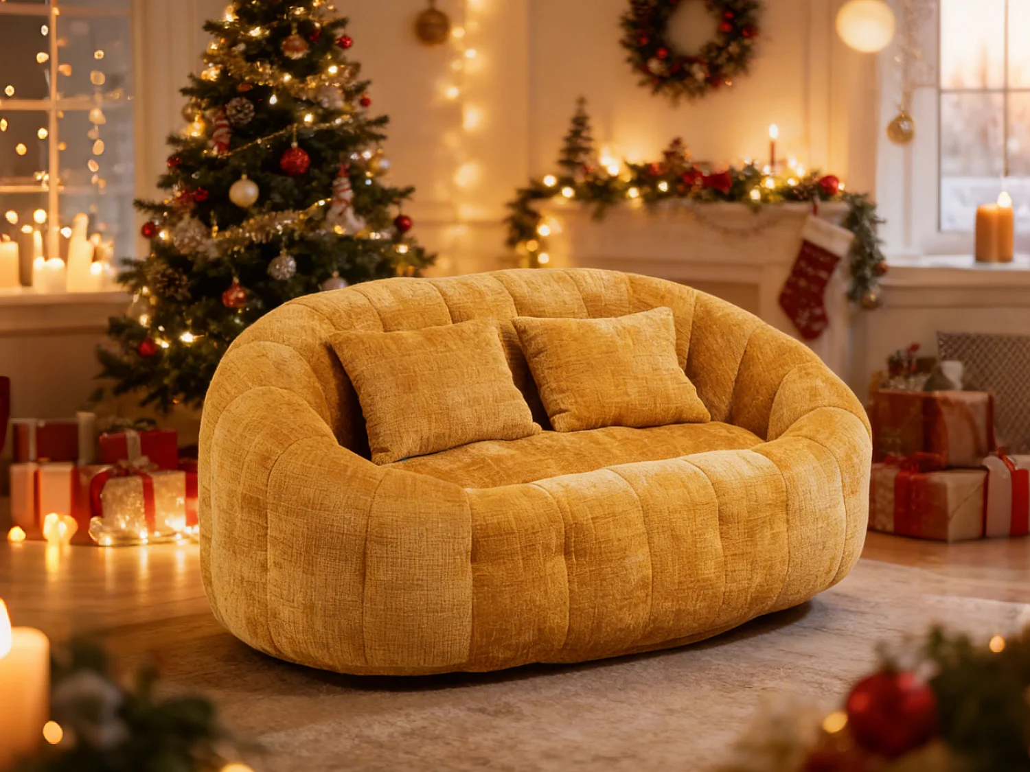 Sillón puf clásico de chenilla - 2 plazas con cojines incluidos - Función tumbona