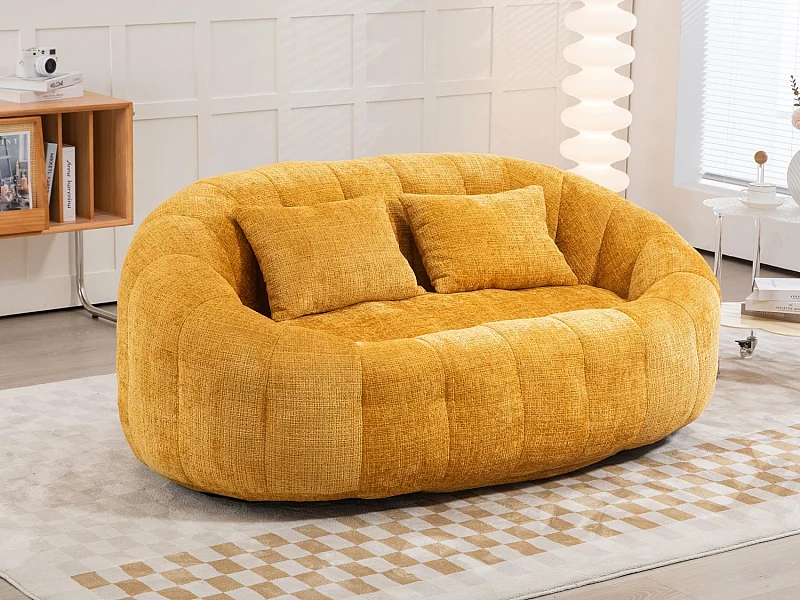 Canapé pouf 2 places jaune en chenille – avec deux coussins confortables - fauteuil pouf haut dossier – ultra durable et confortable