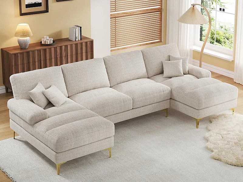 Canapé 4 Places Panoramique en Chenille Beige à Double Couche (272x136x88 cm) - Pieds Dorés pour un Confort Exceptionnel