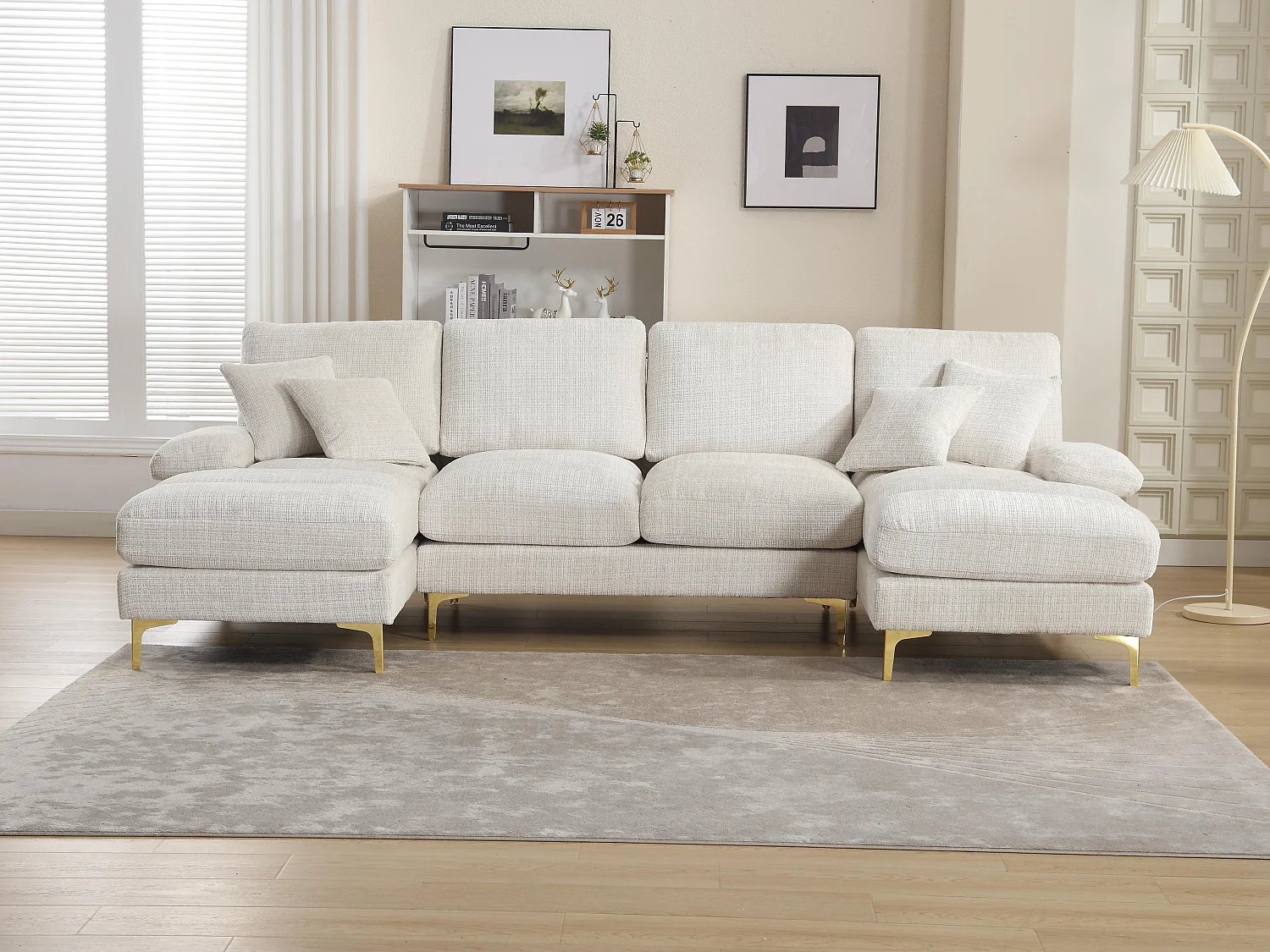 Canapé 4 Places Panoramique en Chenille Beige à Double Couche (272x136x88 cm) - Pieds Dorés pour un Confort Exceptionnel