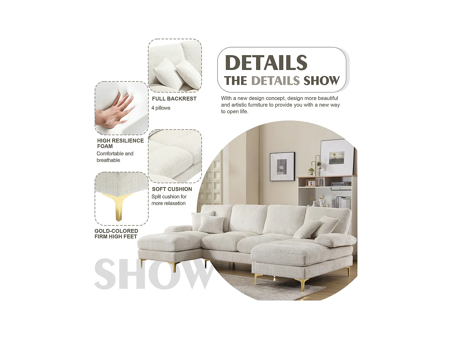 Canapé 4 Places Panoramique en Chenille Beige à Double Couche (272x136x88 cm) - Pieds Dorés pour un Confort Exceptionnel