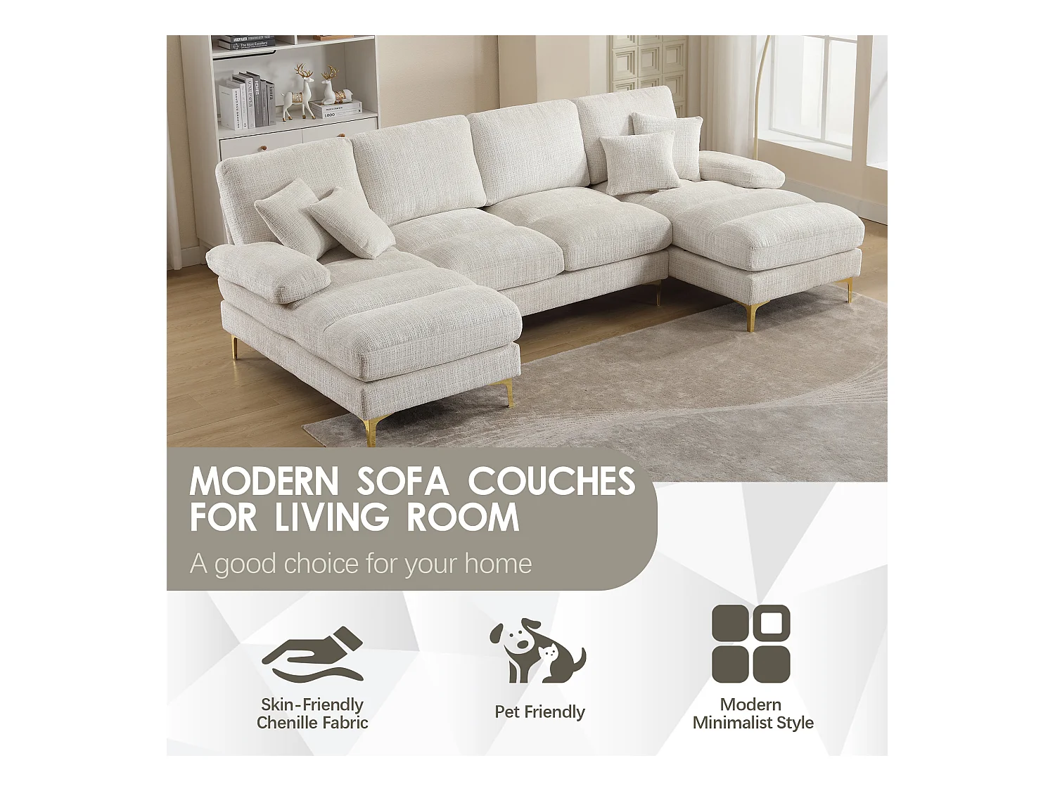 Canapé 4 Places Panoramique en Chenille Beige à Double Couche (272x136x88 cm) - Pieds Dorés pour un Confort Exceptionnel