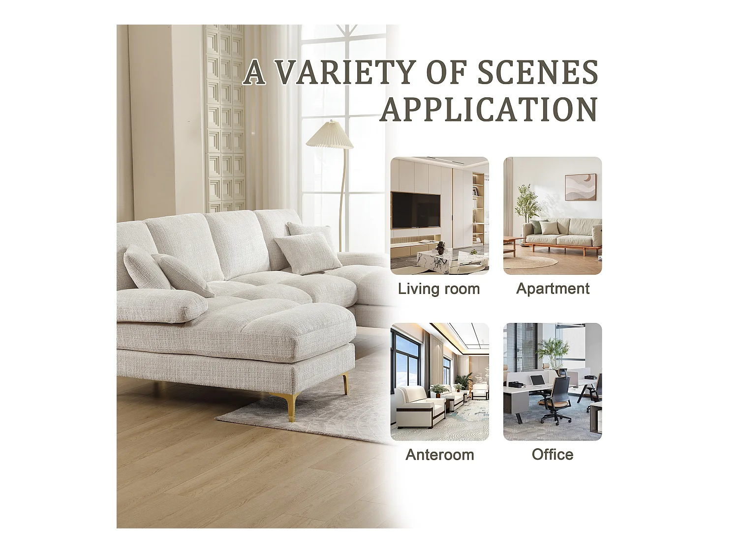 Canapé 4 Places Panoramique en Chenille Beige à Double Couche (272x136x88 cm) - Pieds Dorés pour un Confort Exceptionnel