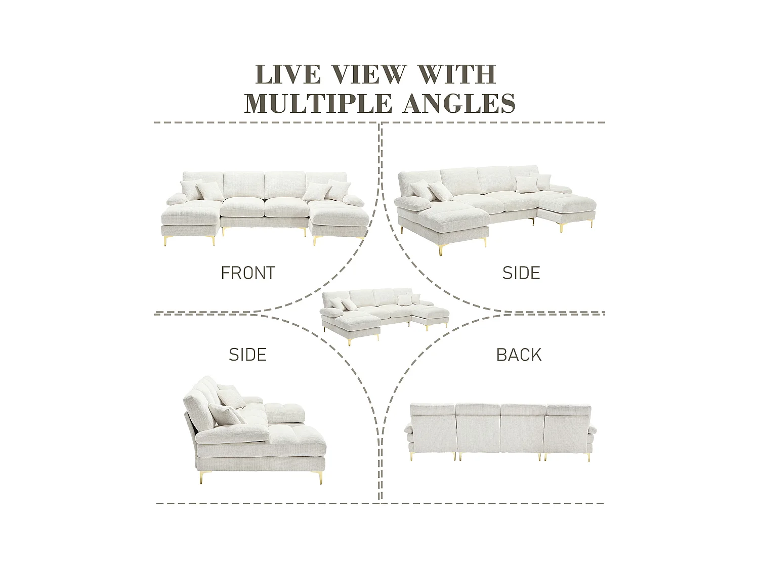 Canapé 4 Places Panoramique en Chenille Beige à Double Couche (272x136x88 cm) - Pieds Dorés pour un Confort Exceptionnel