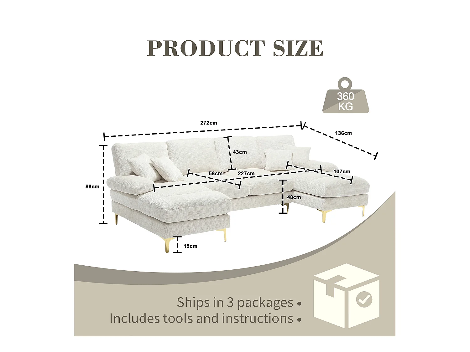Canapé 4 Places Panoramique en Chenille Beige à Double Couche (272x136x88 cm) - Pieds Dorés pour un Confort Exceptionnel