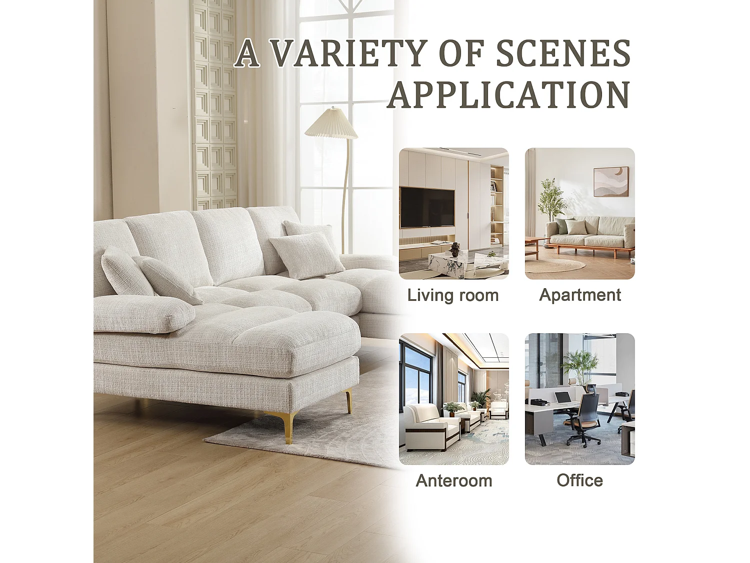 Canapé 4 Places Panoramique en Chenille Beige à Double Couche (272x136x88 cm) - Pieds Dorés pour un Confort Exceptionnel