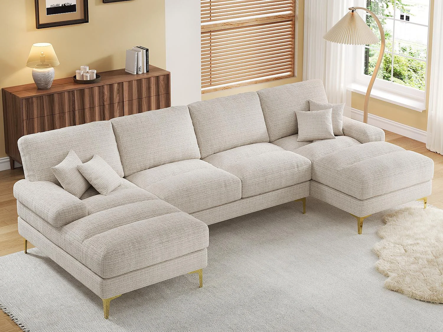 Canapé 4 Places Panoramique en Chenille Beige à Double Couche (272x136x88 cm) - Pieds Dorés pour un Confort Exceptionnel