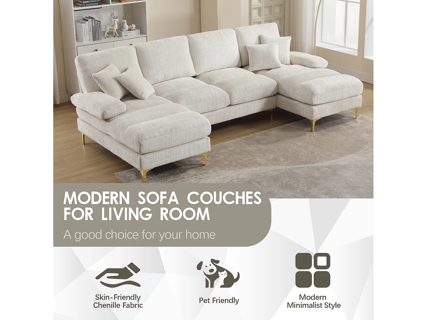 Canapé 4 Places Panoramique en Chenille Beige à Double Couche (272x136x88 cm) - Pieds Dorés pour un Confort Exceptionnel