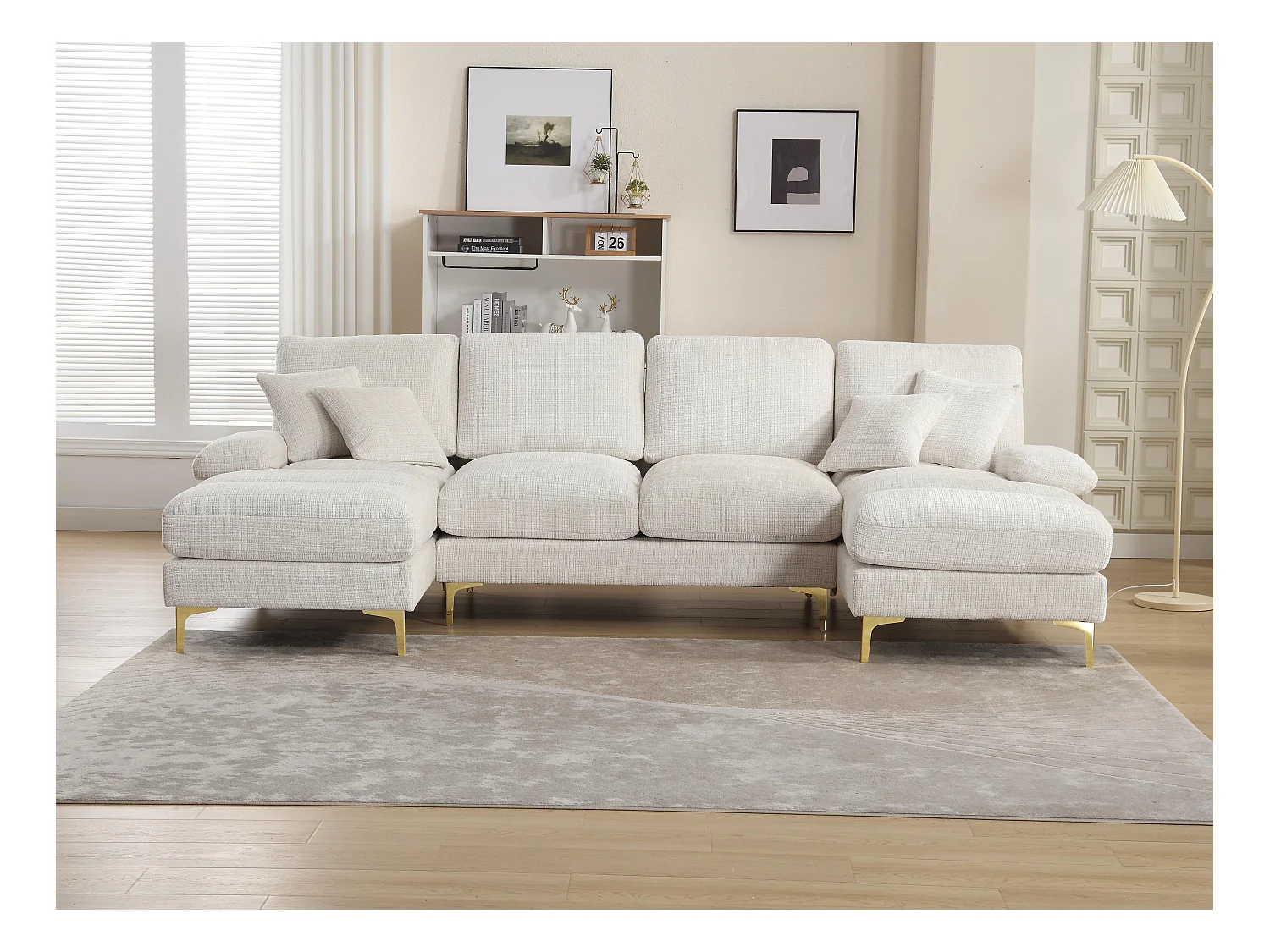 Canapé 4 Places Panoramique en Chenille Beige à Double Couche (272x136x88 cm) - Pieds Dorés pour un Confort Exceptionnel
