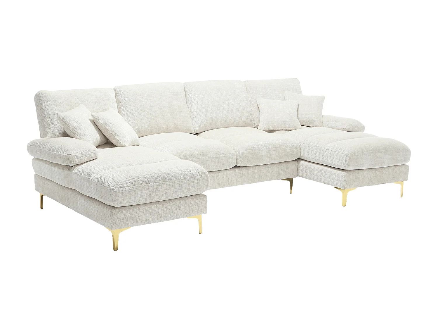 Canapé 4 Places Panoramique en Chenille Beige à Double Couche (272x136x88 cm) - Pieds Dorés pour un Confort Exceptionnel