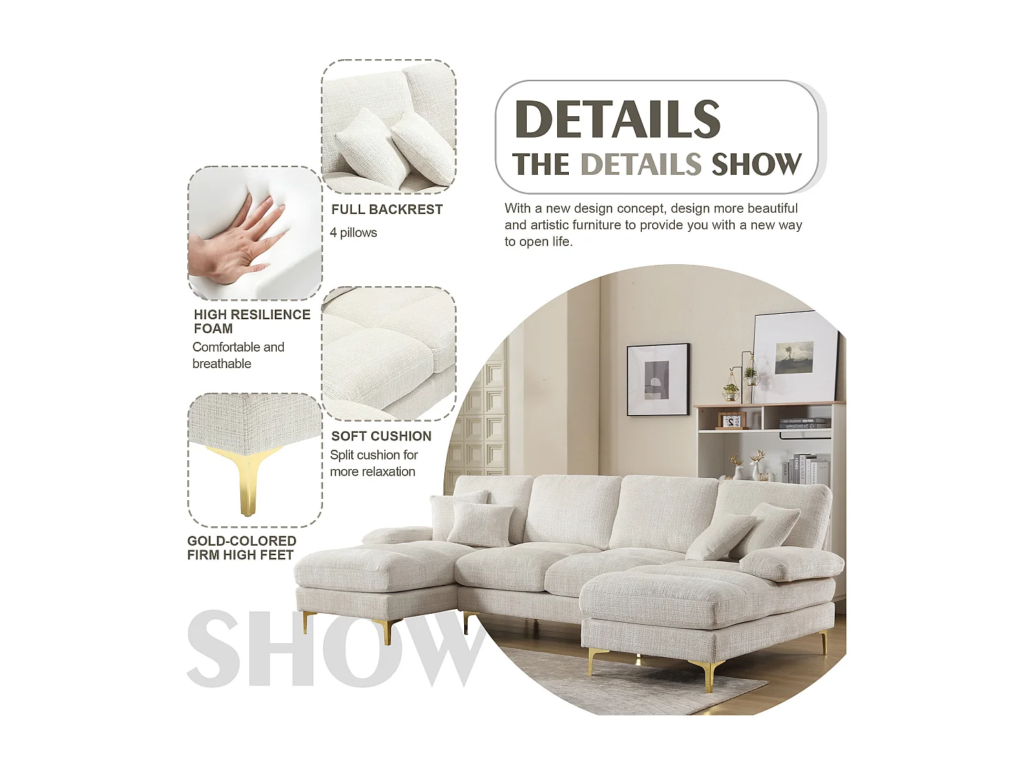 Canapé 4 Places Panoramique en Chenille Beige à Double Couche (272x136x88 cm) - Pieds Dorés pour un Confort Exceptionnel