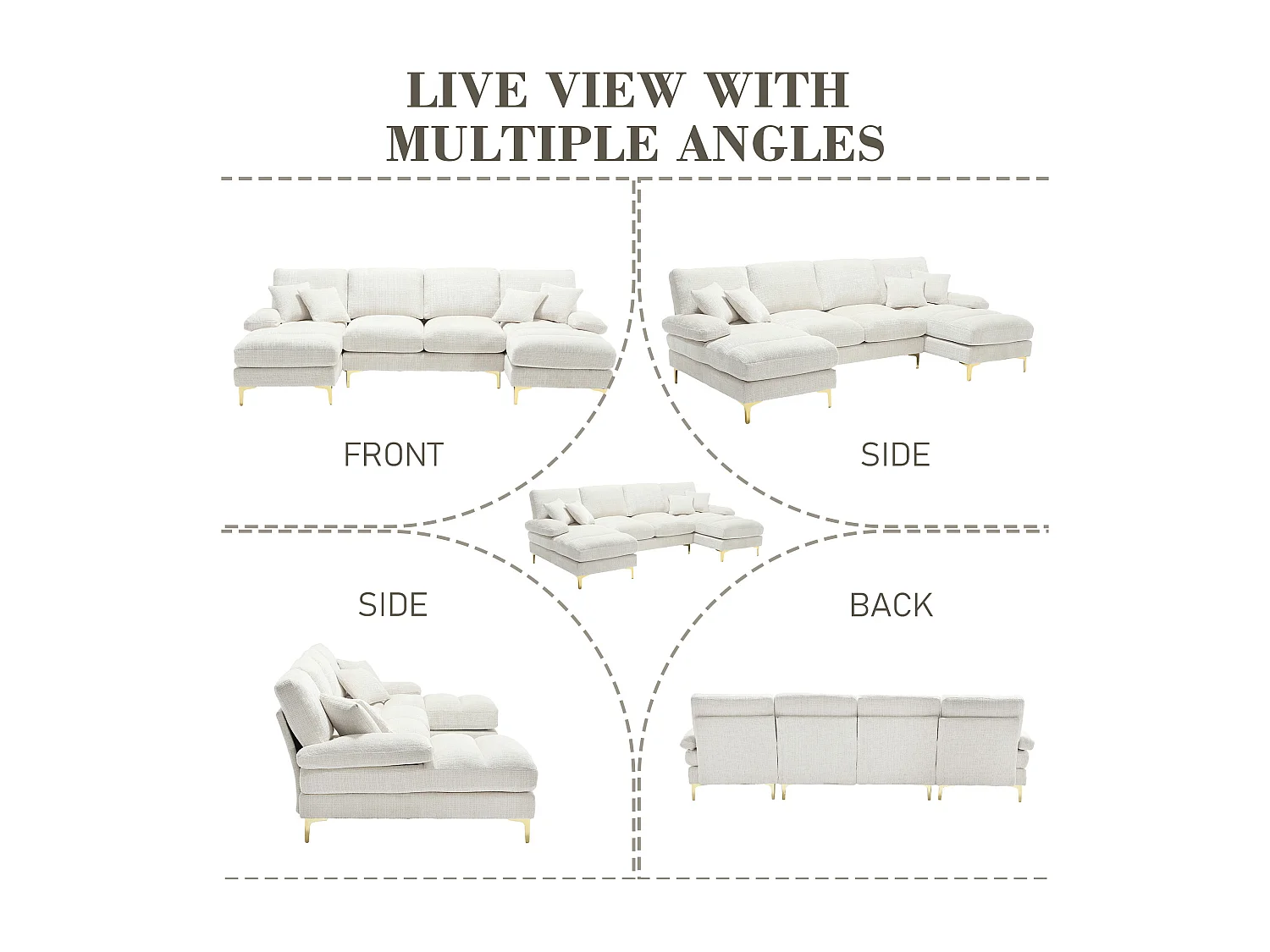 Canapé 4 Places Panoramique en Chenille Beige à Double Couche (272x136x88 cm) - Pieds Dorés pour un Confort Exceptionnel