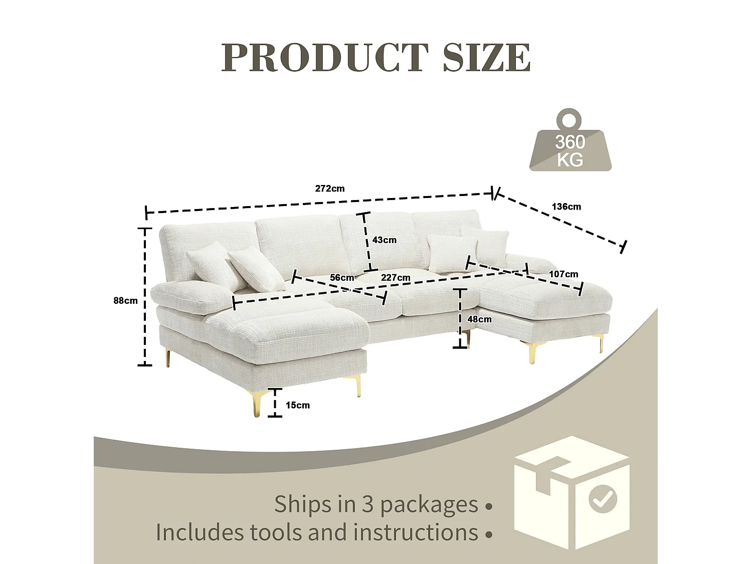 Canapé 4 Places Panoramique en Chenille Beige à Double Couche (272x136x88 cm) - Pieds Dorés pour un Confort Exceptionnel