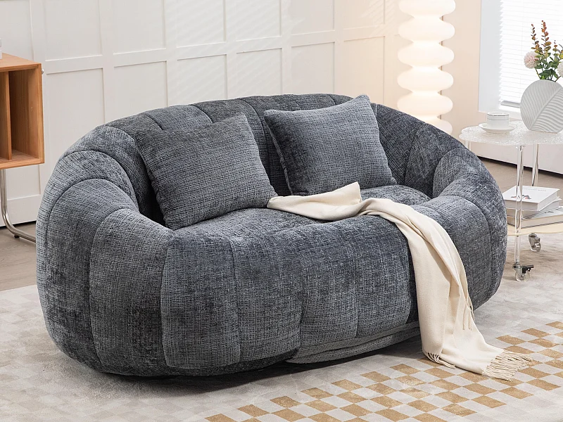 Canapé pouf 2 places gris en chenille – avec deux coussins confortables - fauteuil pouf haut dossier – ultra durable et confortable