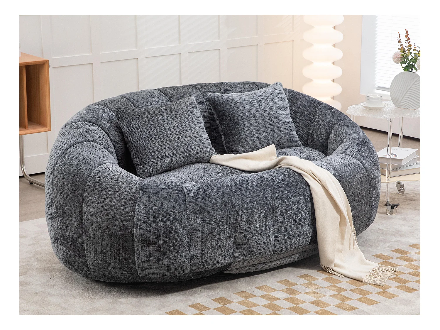 Canapé pouf 2 places gris en chenille – avec deux coussins confortables - fauteuil pouf haut dossier – ultra durable et confortable