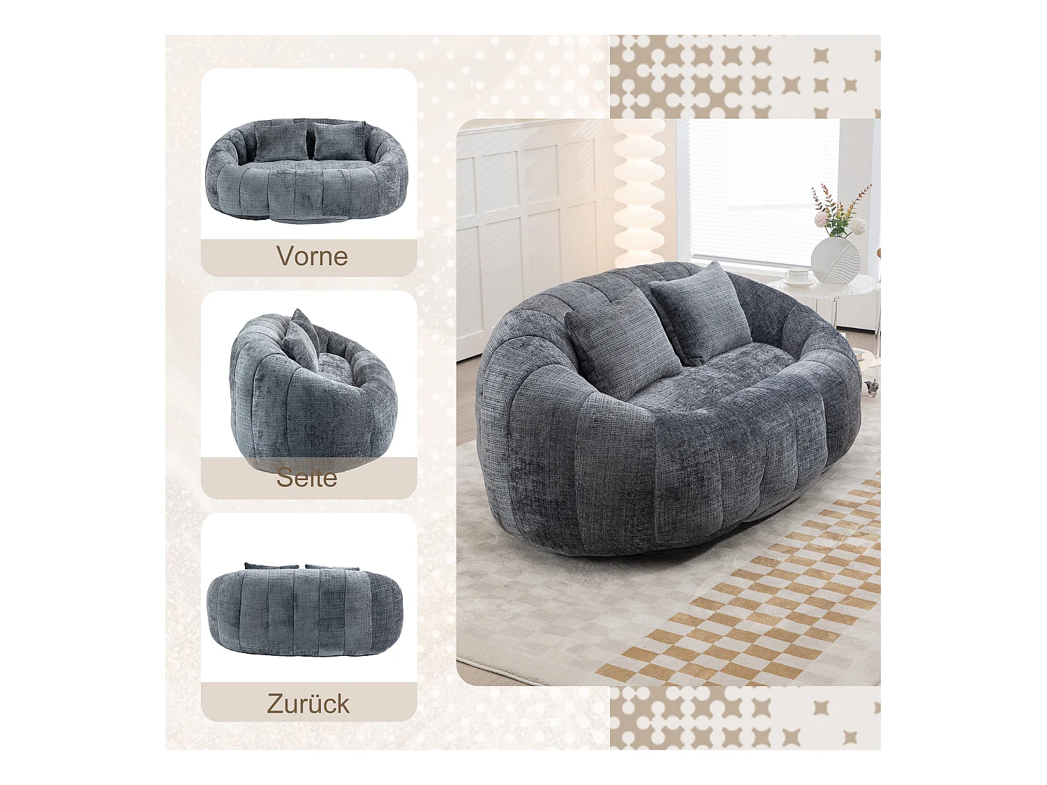 Canapé pouf 2 places gris en chenille – avec deux coussins confortables - fauteuil pouf haut dossier – ultra durable et confortable
