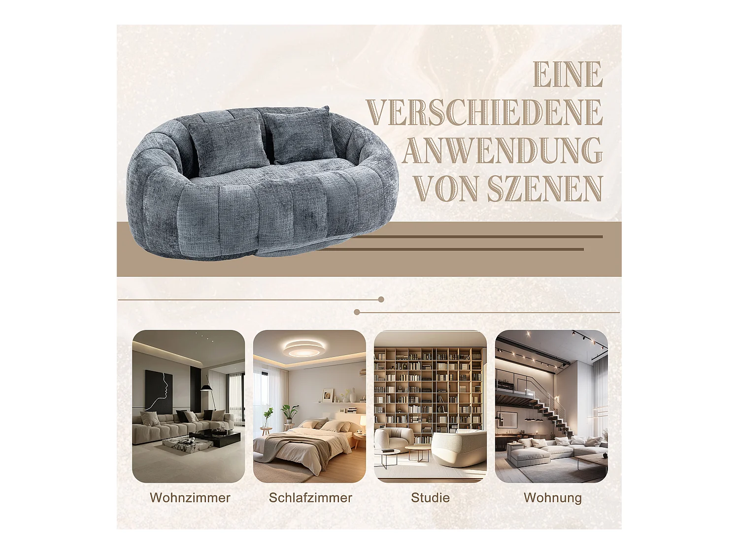 Canapé pouf 2 places gris en chenille – avec deux coussins confortables - fauteuil pouf haut dossier – ultra durable et confortable