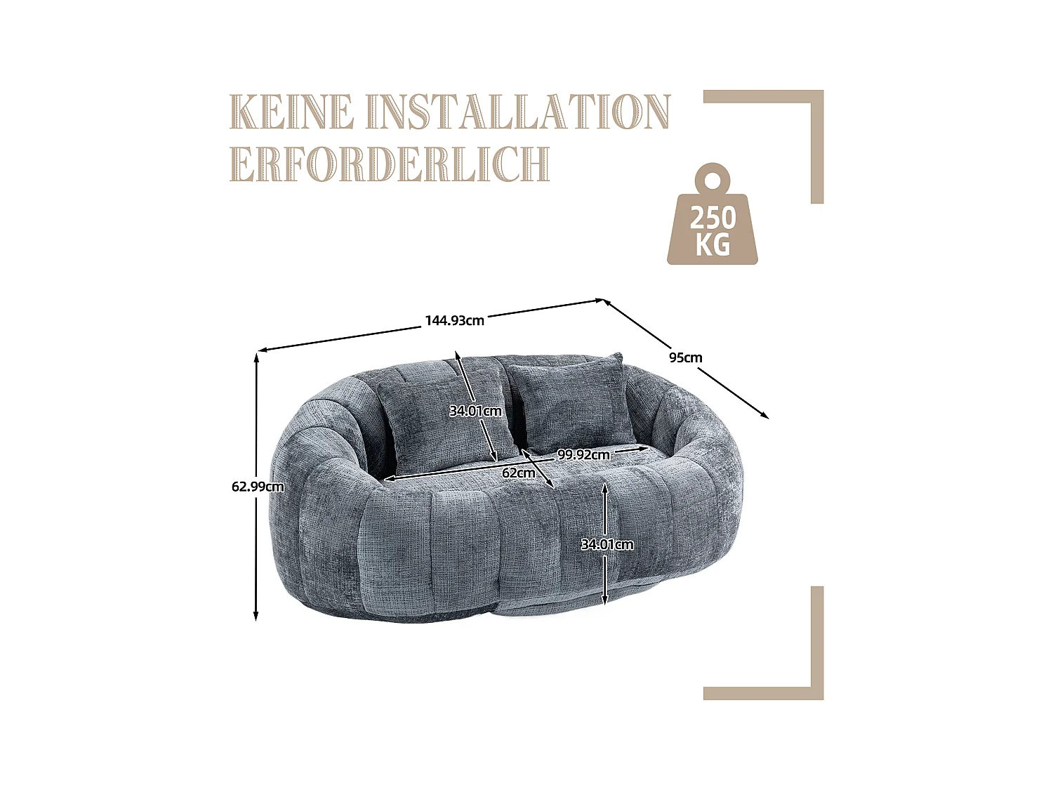 Canapé pouf 2 places gris en chenille – avec deux coussins confortables - fauteuil pouf haut dossier – ultra durable et confortable