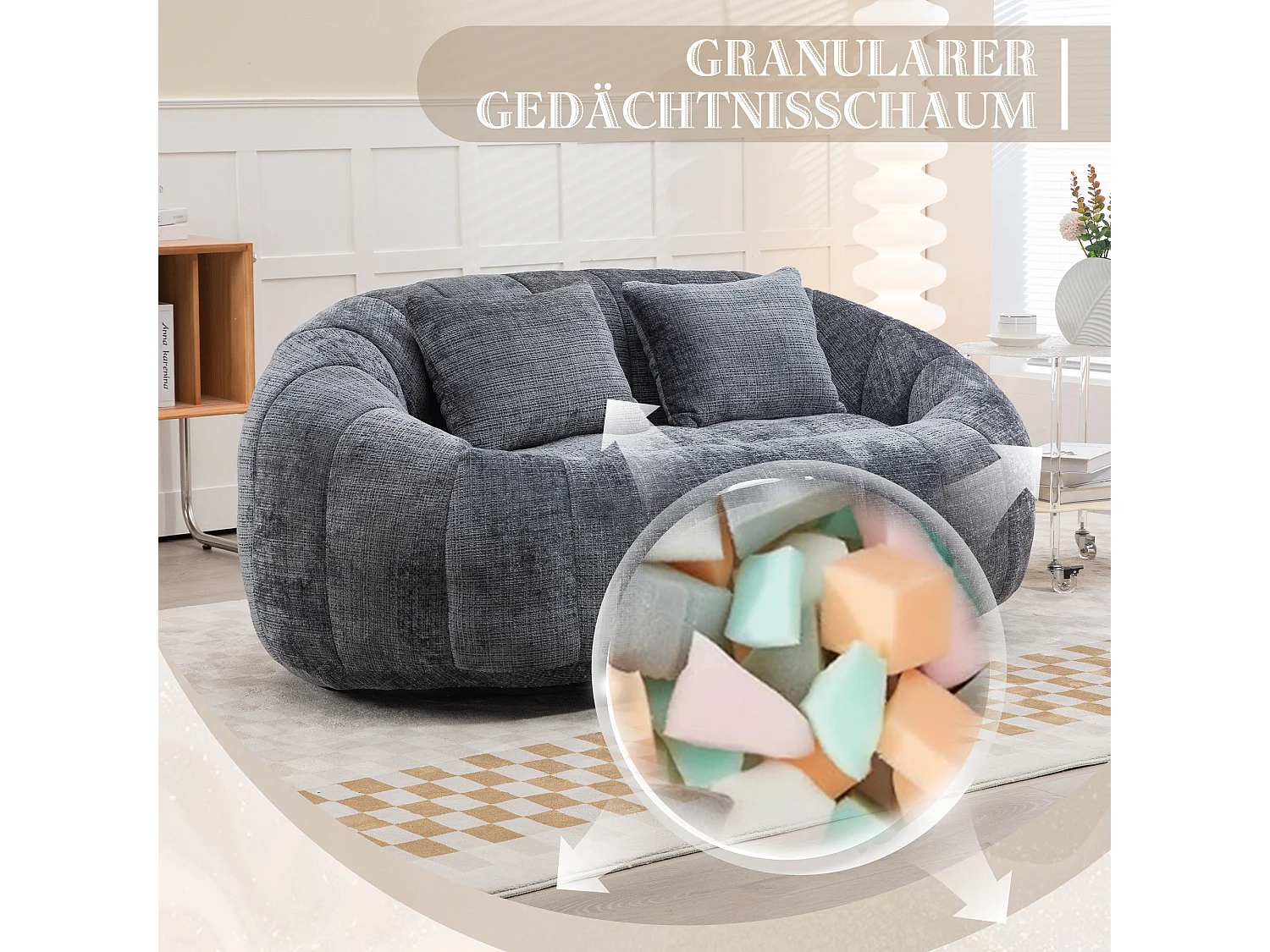 Canapé pouf 2 places gris en chenille – avec deux coussins confortables - fauteuil pouf haut dossier – ultra durable et confortable