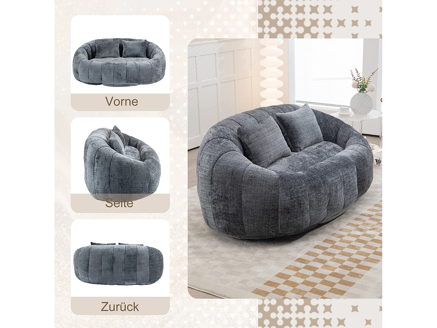 Canapé pouf 2 places gris en chenille – avec deux coussins confortables - fauteuil pouf haut dossier – ultra durable et confortable