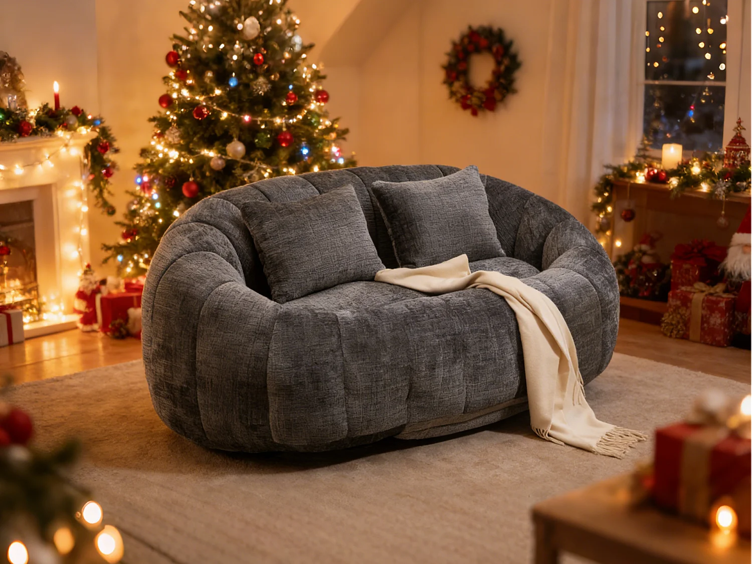 Canapé pouf 2 places gris en chenille – avec deux coussins confortables - fauteuil pouf haut dossier – ultra durable et confortable