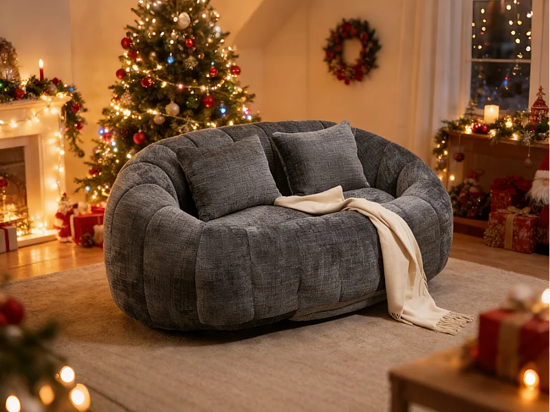 Canapé pouf 2 places gris en chenille – avec deux coussins confortables - fauteuil pouf haut dossier – ultra durable et confortable