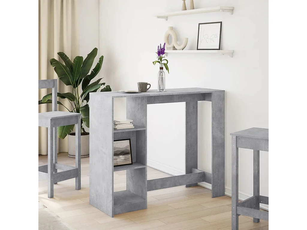 Mesa de bar de madera de ingeniería de color gris hormigón con estante