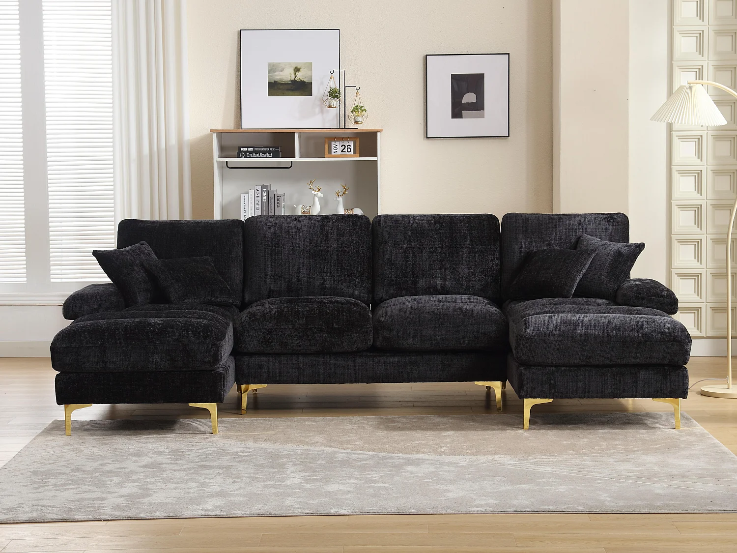 Canapé 4 Places Panoramique en Chenille Noir à Double Couche (272x136x88 cm) - Pieds Dorés pour un Confort Exceptionnel