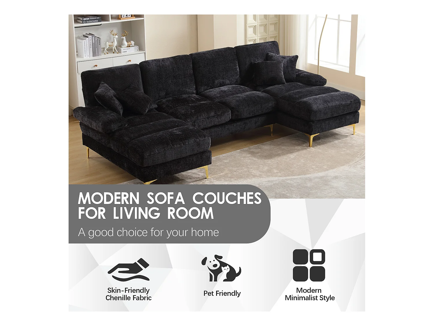 Canapé 4 Places Panoramique en Chenille Noir à Double Couche (272x136x88 cm) - Pieds Dorés pour un Confort Exceptionnel