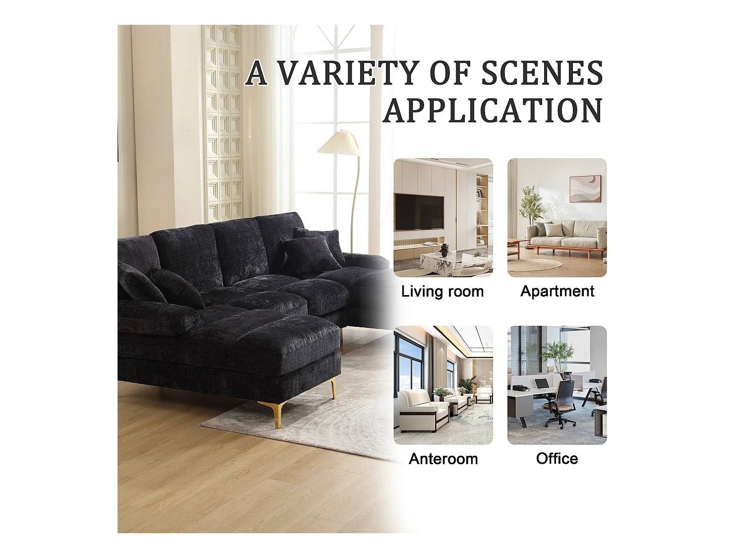 Canapé 4 Places Panoramique en Chenille Noir à Double Couche (272x136x88 cm) - Pieds Dorés pour un Confort Exceptionnel