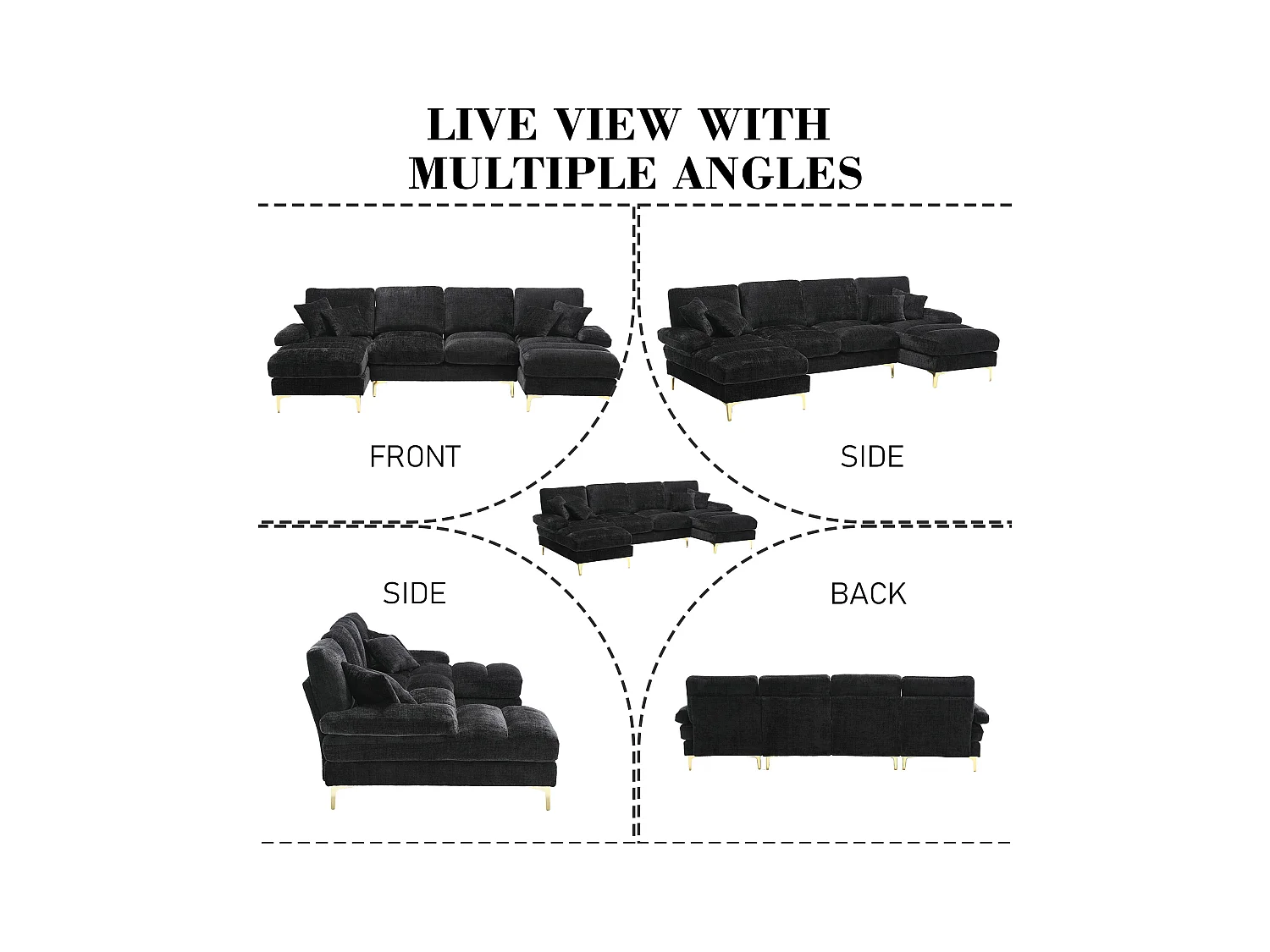 Canapé 4 Places Panoramique en Chenille Noir à Double Couche (272x136x88 cm) - Pieds Dorés pour un Confort Exceptionnel
