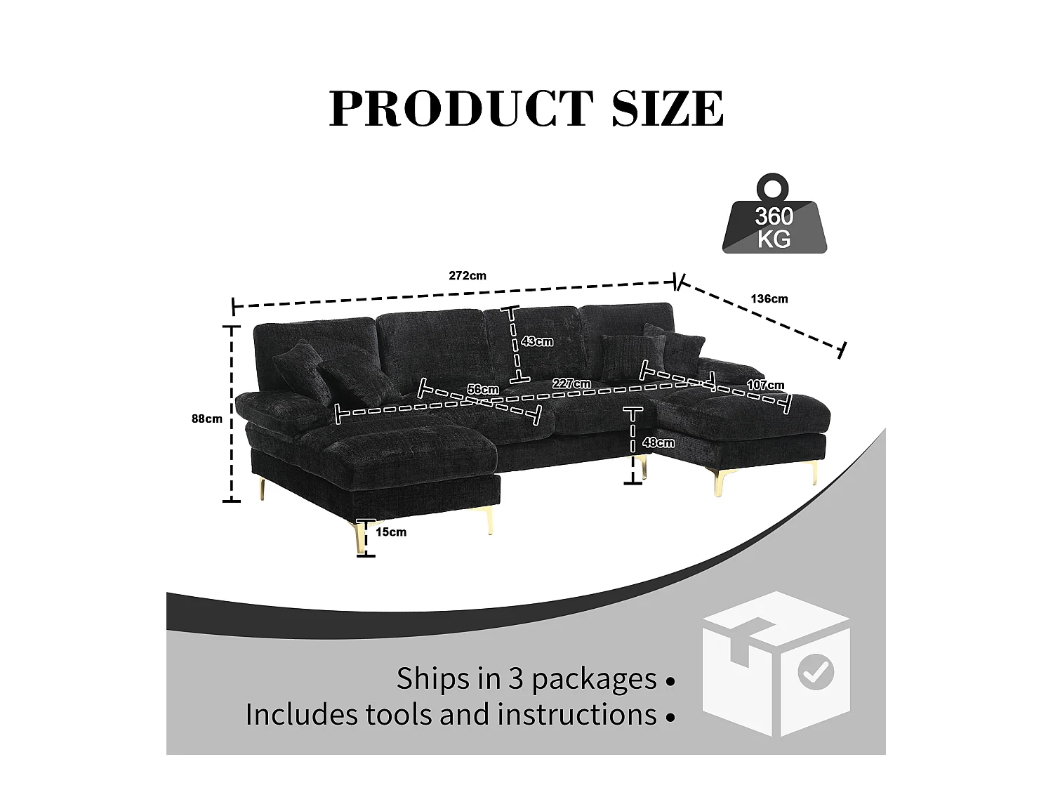 Canapé 4 Places Panoramique en Chenille Noir à Double Couche (272x136x88 cm) - Pieds Dorés pour un Confort Exceptionnel