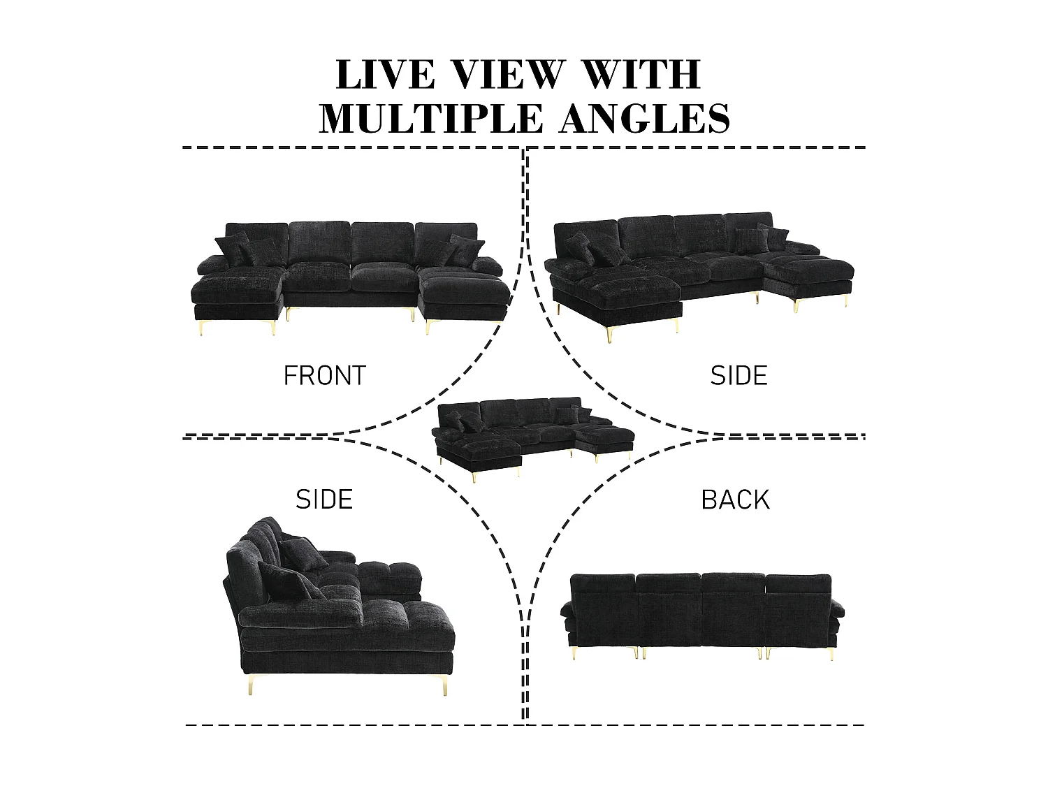 Canapé 4 Places Panoramique en Chenille Noir à Double Couche (272x136x88 cm) - Pieds Dorés pour un Confort Exceptionnel