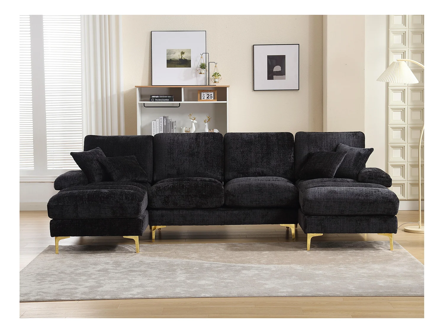 Canapé 4 Places Panoramique en Chenille Noir à Double Couche (272x136x88 cm) - Pieds Dorés pour un Confort Exceptionnel