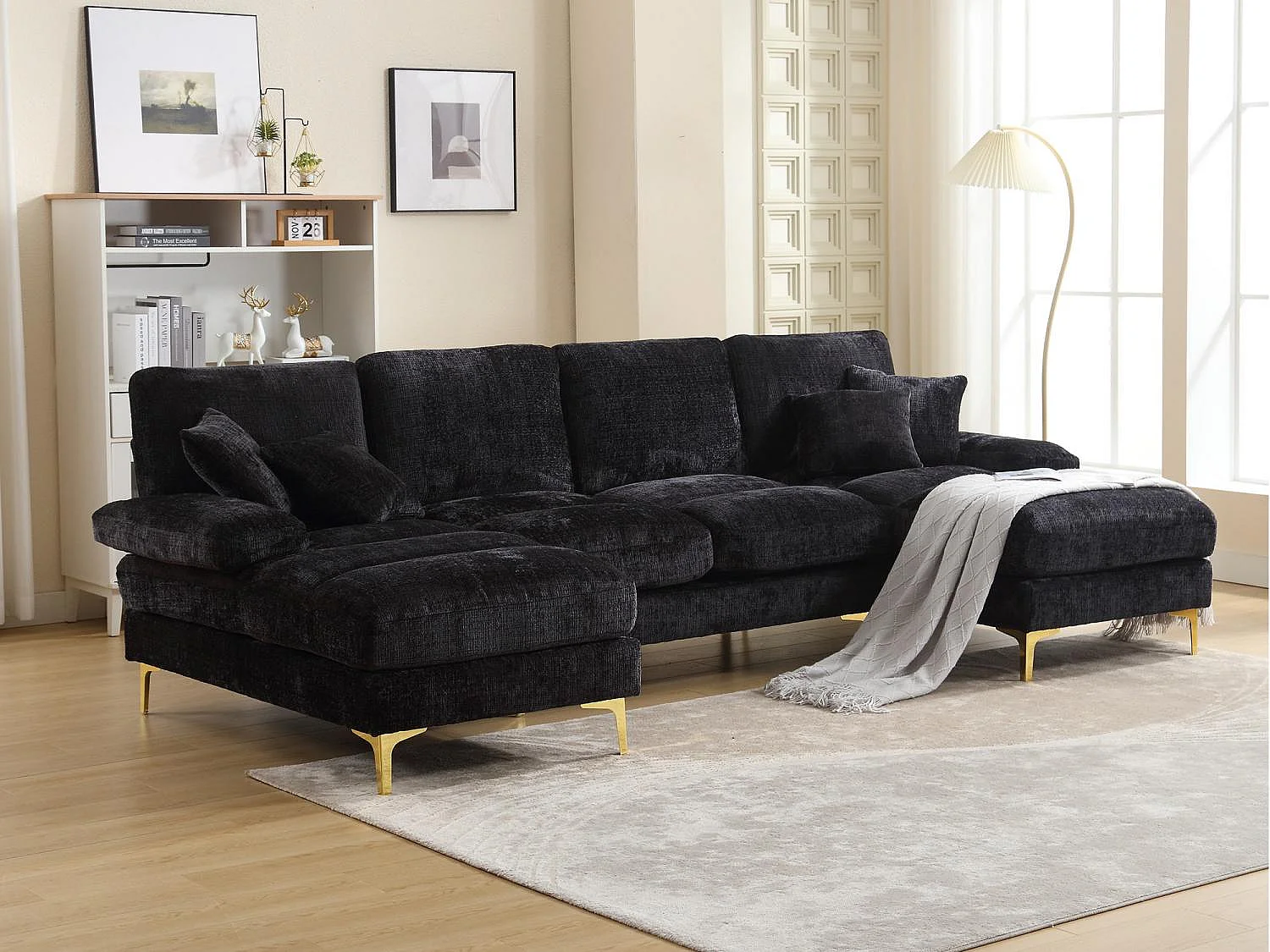 Canapé 4 Places Panoramique en Chenille Noir à Double Couche (272x136x88 cm) - Pieds Dorés pour un Confort Exceptionnel