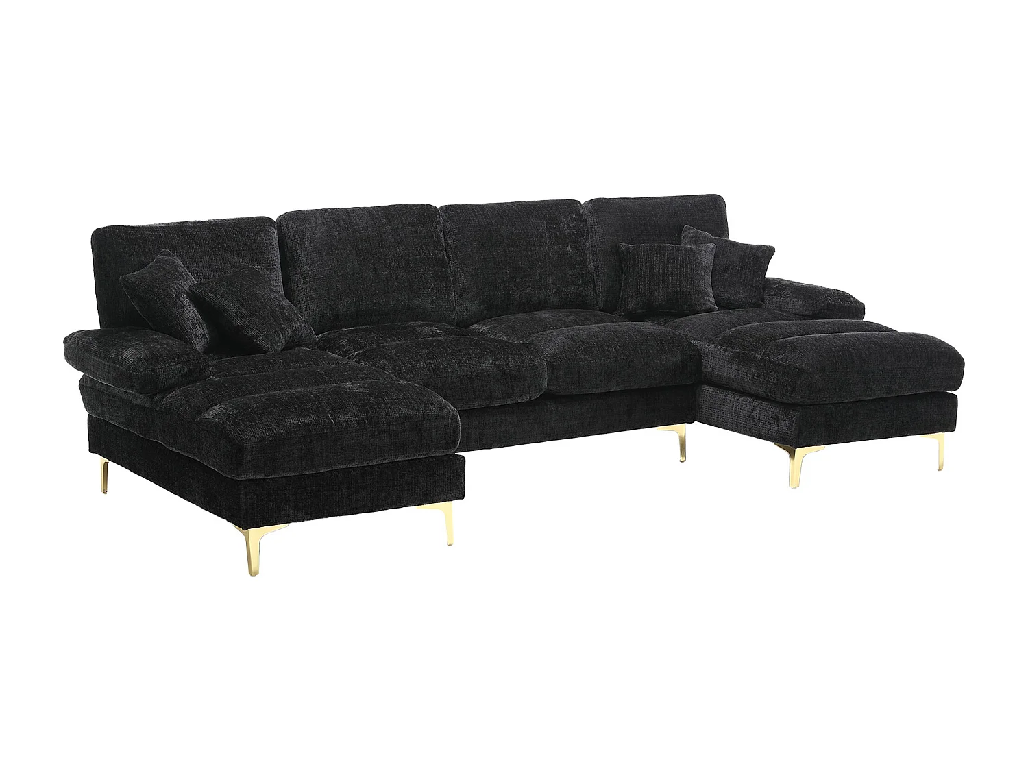 Canapé 4 Places Panoramique en Chenille Noir à Double Couche (272x136x88 cm) - Pieds Dorés pour un Confort Exceptionnel