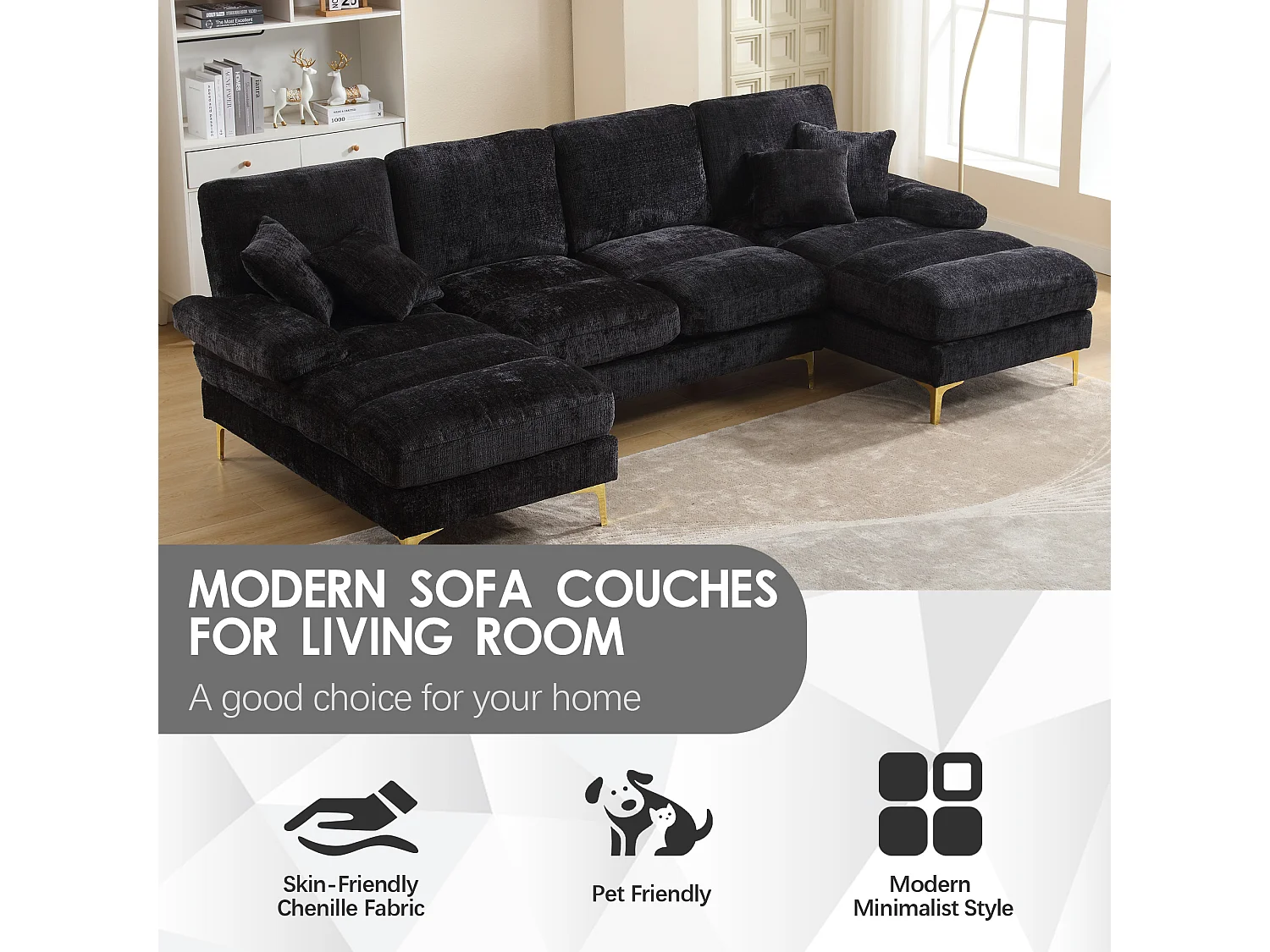 Canapé 4 Places Panoramique en Chenille Noir à Double Couche (272x136x88 cm) - Pieds Dorés pour un Confort Exceptionnel