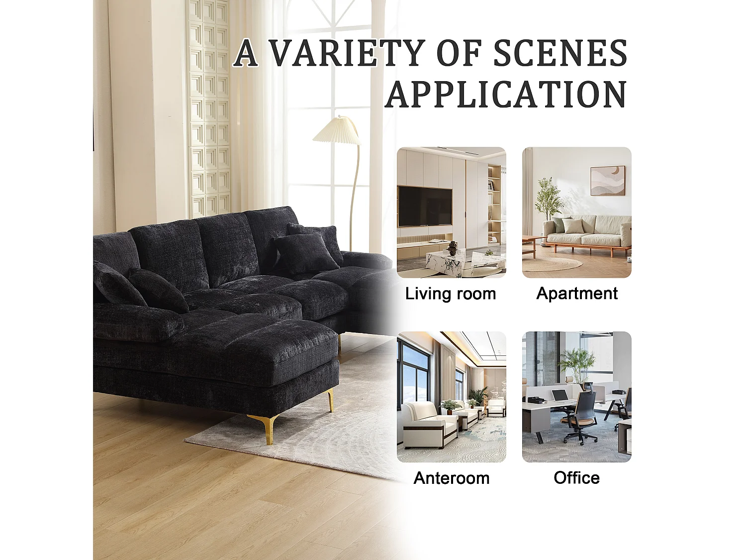 Canapé 4 Places Panoramique en Chenille Noir à Double Couche (272x136x88 cm) - Pieds Dorés pour un Confort Exceptionnel