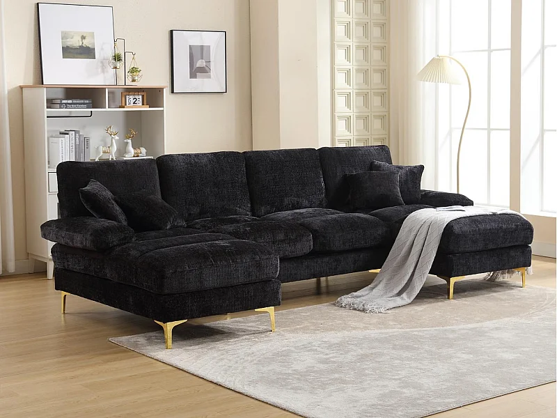 Canapé 4 Places Panoramique en Chenille Noir à Double Couche (272x136x88 cm) - Pieds Dorés pour un Confort Exceptionnel