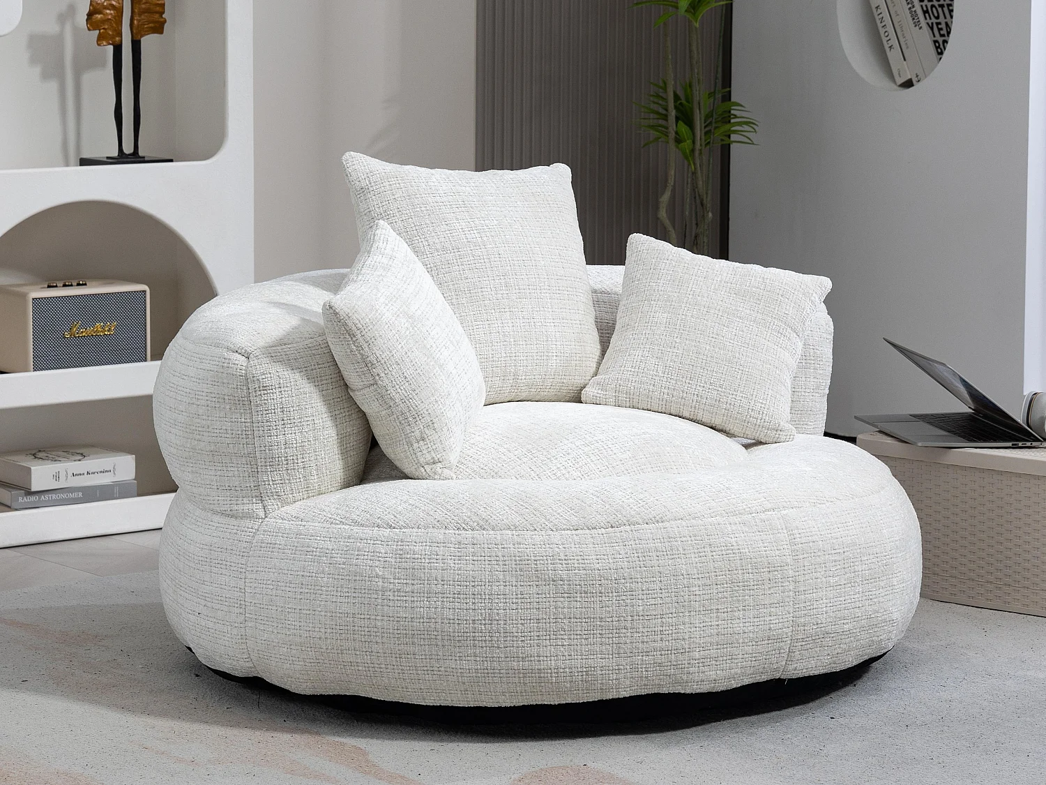 Fauteuil pouf beige – haut dossier – grand modèle – 3 coussins inclus – ultra moelleux et usage multi-situations - pour adultes et enfants