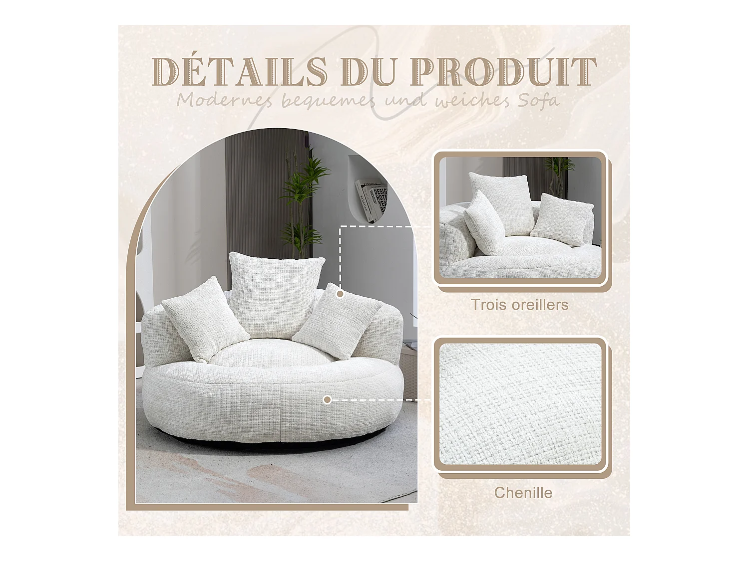 Fauteuil pouf beige – haut dossier – grand modèle – 3 coussins inclus – ultra moelleux et usage multi-situations - pour adultes et enfants
