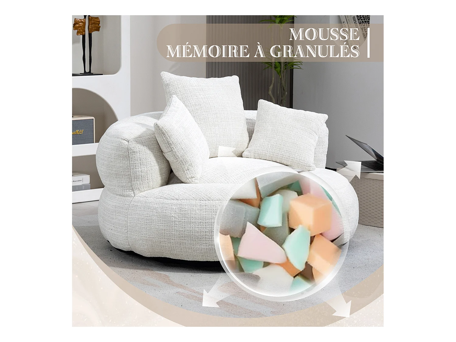 Fauteuil pouf beige – haut dossier – grand modèle – 3 coussins inclus – ultra moelleux et usage multi-situations - pour adultes et enfants