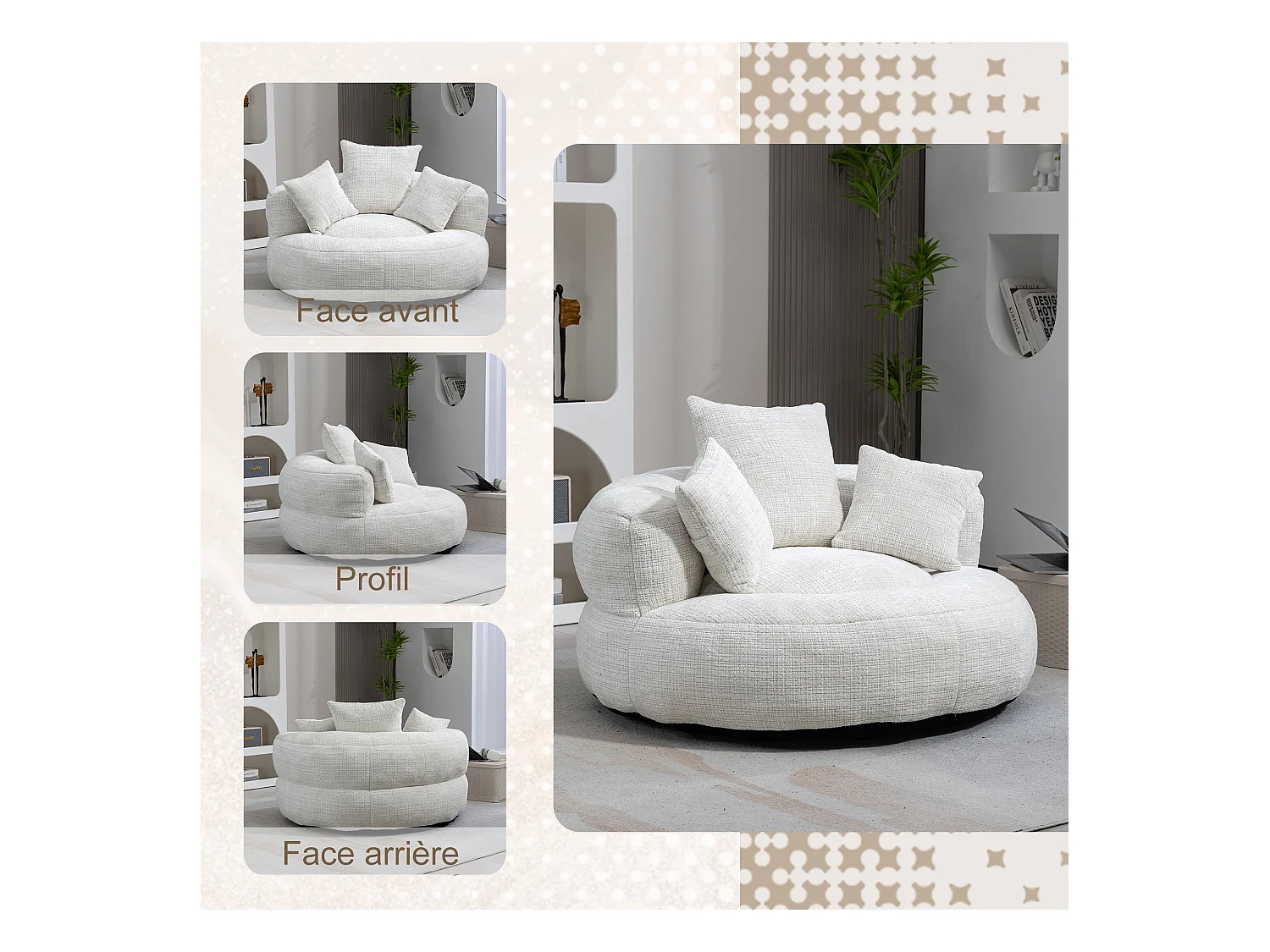 Fauteuil pouf beige – haut dossier – grand modèle – 3 coussins inclus – ultra moelleux et usage multi-situations - pour adultes et enfants