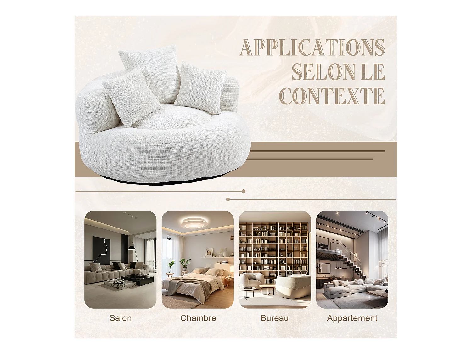 Fauteuil pouf beige – haut dossier – grand modèle – 3 coussins inclus – ultra moelleux et usage multi-situations - pour adultes et enfants